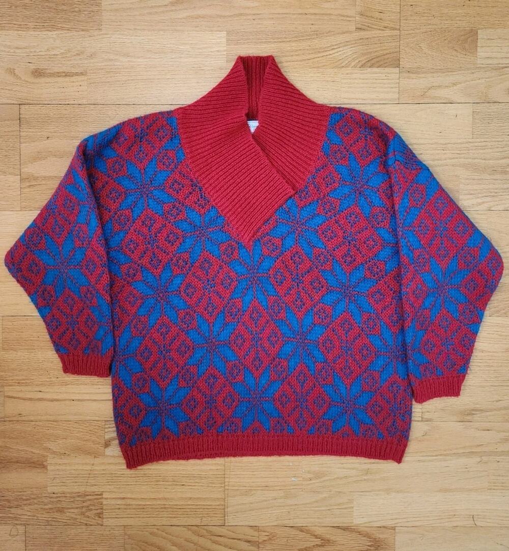 Vtg 90s Benetton Sweater Sz 44 Mens Nordic Snowflake Shawl Collar Mohair Blend